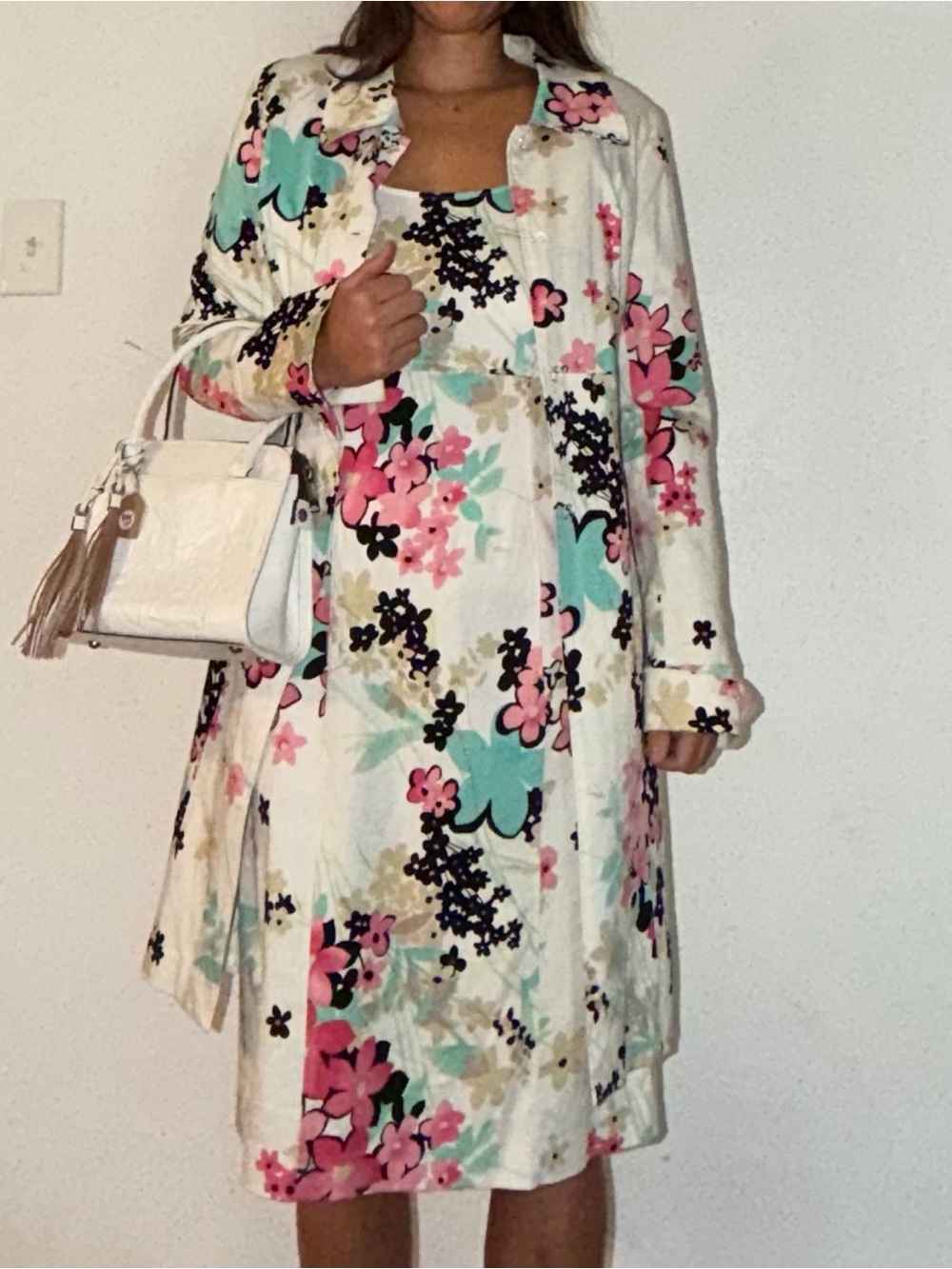 jonathan martin White Floral Midi Dress with Pink and Mint Accents